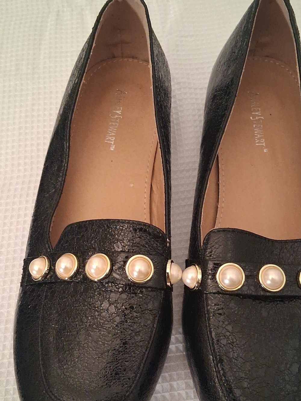 Ashley Stewart Black Loafers with Pearl Accents